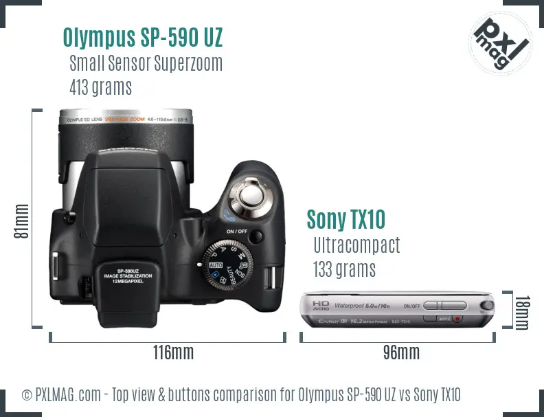 Olympus SP-590 UZ vs Sony TX10 top view buttons comparison