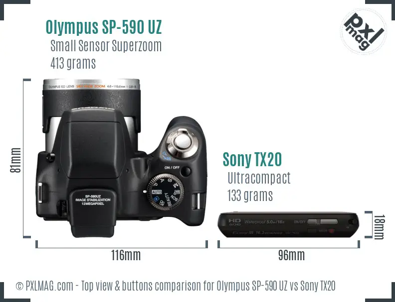 Olympus SP-590 UZ vs Sony TX20 top view buttons comparison