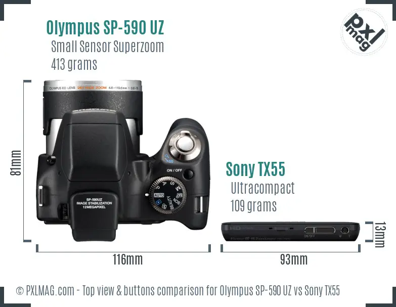 Olympus SP-590 UZ vs Sony TX55 top view buttons comparison Olympus SP-590 UZ vs Sony TX55 top view buttons comparison