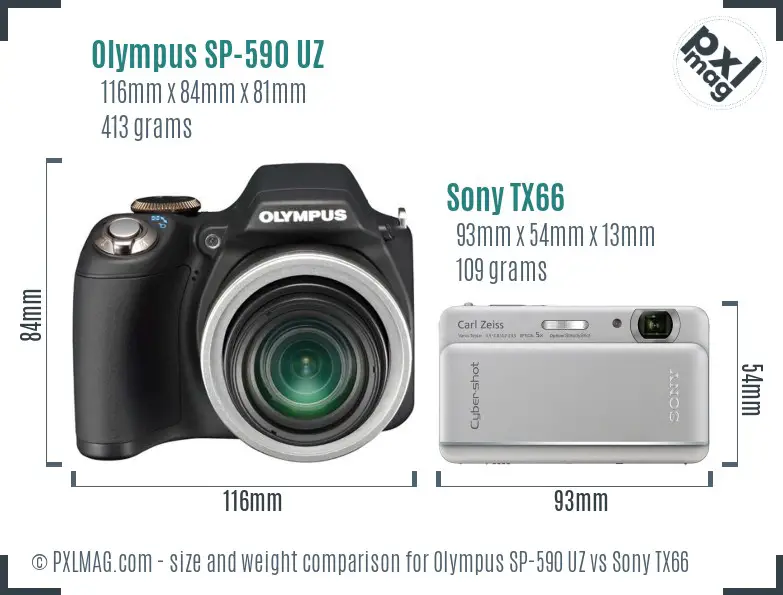 Olympus SP-590 UZ vs Sony TX66 size comparison