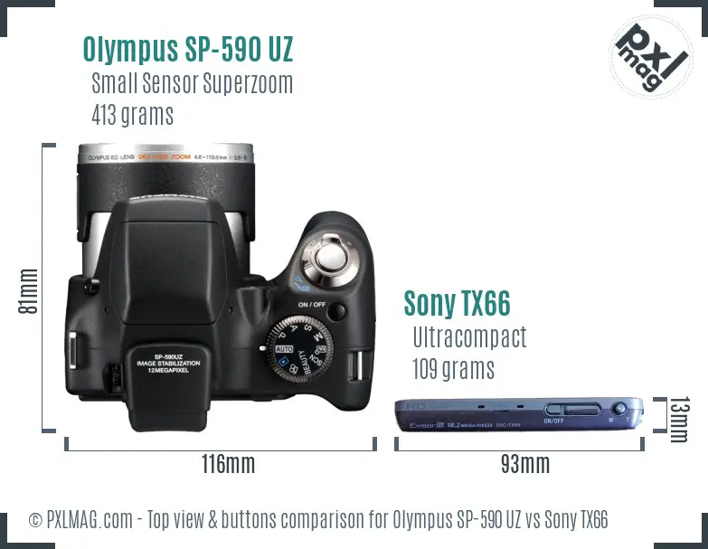 Olympus SP-590 UZ vs Sony TX66 top view buttons comparison