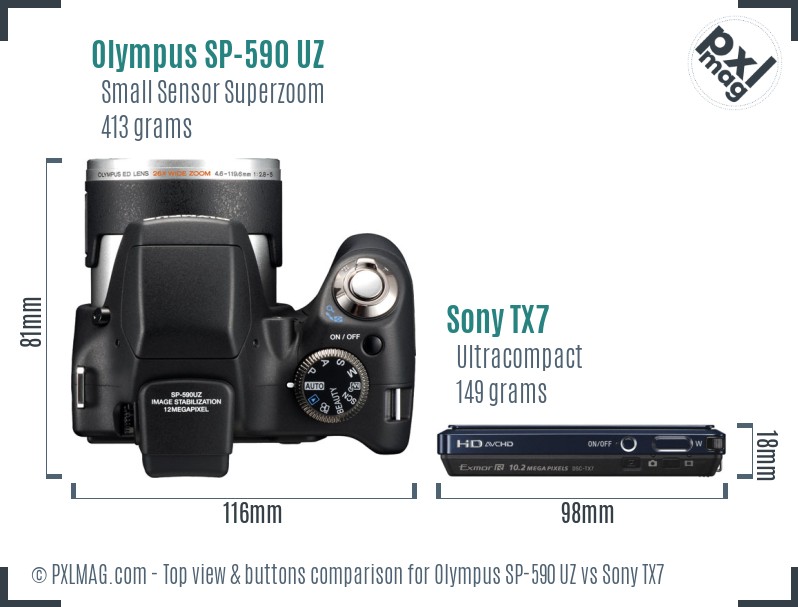 Olympus SP-590 UZ vs Sony TX7 top view buttons comparison