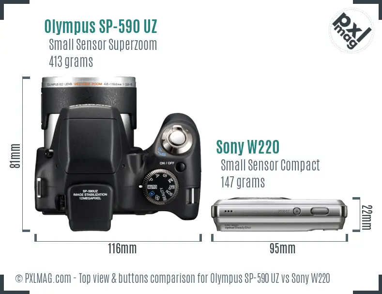 Olympus SP-590 UZ vs Sony W220 top view buttons comparison