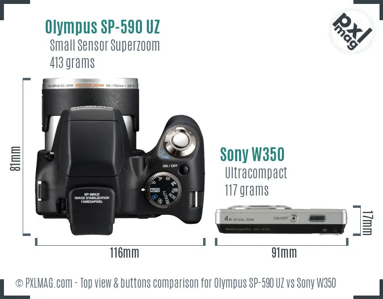 Olympus SP-590 UZ vs Sony W350 top view buttons comparison