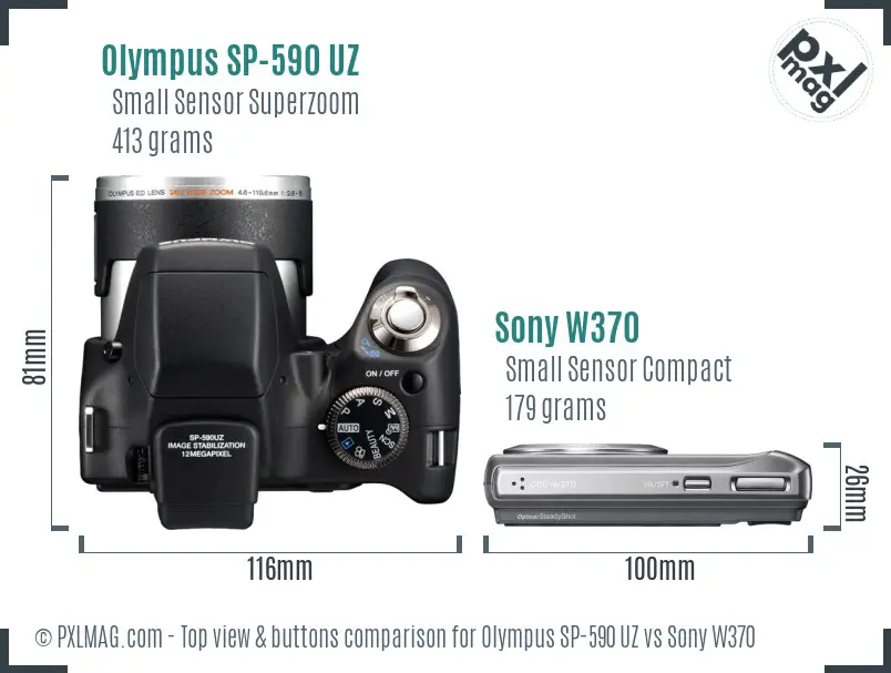 Olympus SP-590 UZ vs Sony W370 top view buttons comparison