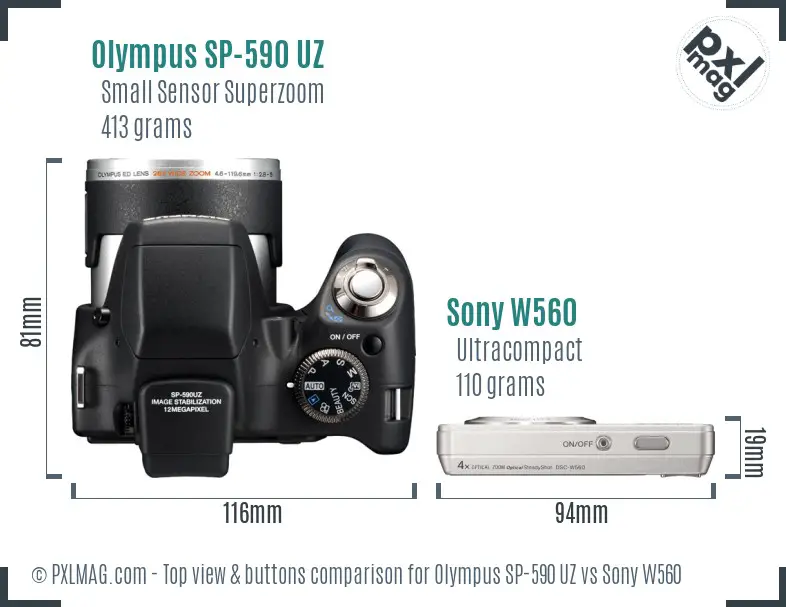 Olympus SP-590 UZ vs Sony W560 top view buttons comparison