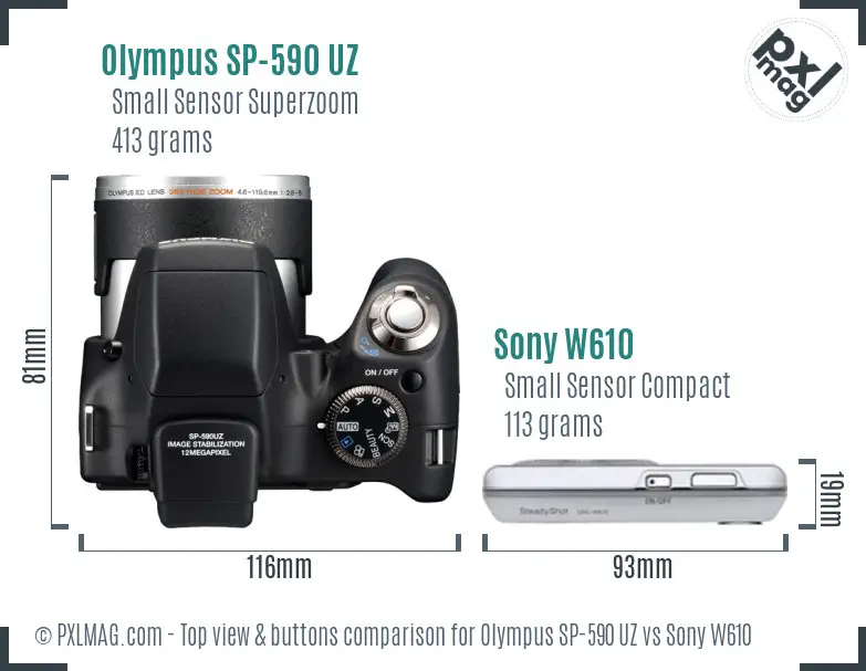Olympus SP-590 UZ vs Sony W610 top view buttons comparison Olympus SP-590 UZ vs Sony W610 top view buttons comparison