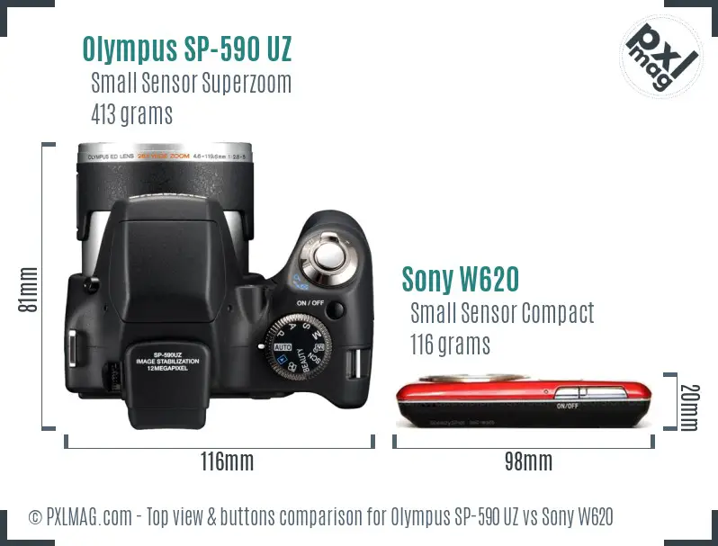 Olympus SP-590 UZ vs Sony W620 top view buttons comparison