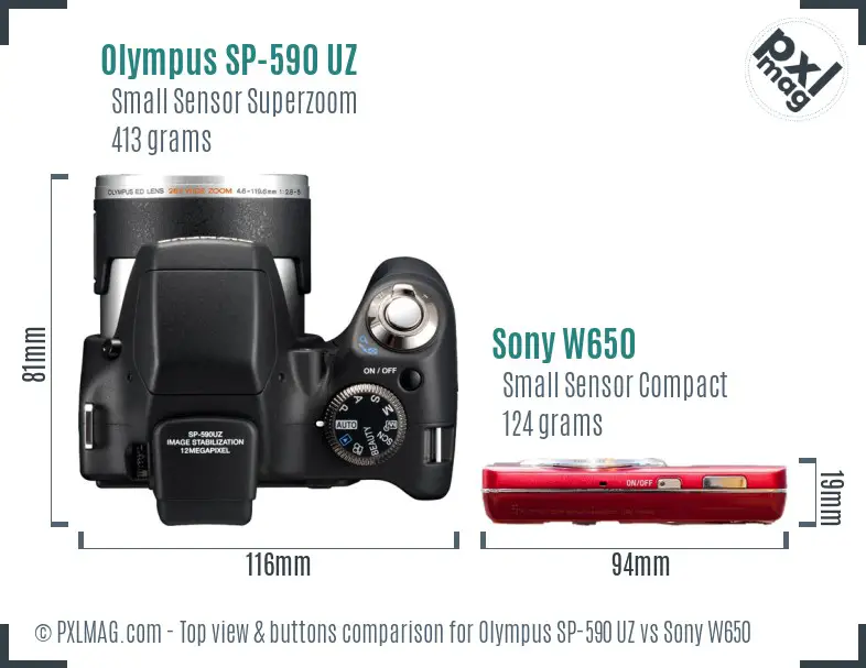 Olympus SP-590 UZ vs Sony W650 top view buttons comparison