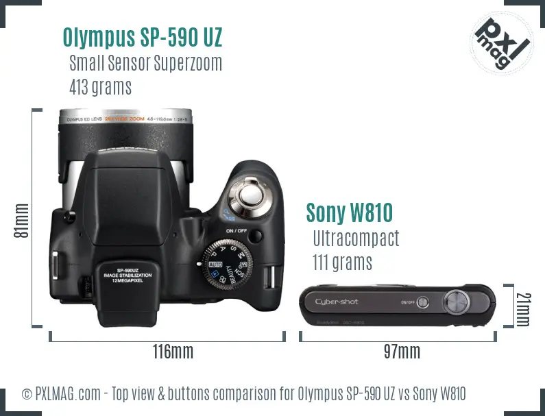 Olympus SP-590 UZ vs Sony W810 top view buttons comparison