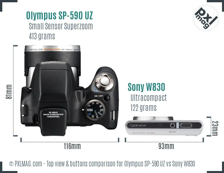 Olympus SP-590 UZ vs Sony W830 top view buttons comparison