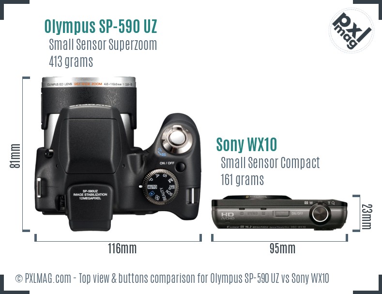 Olympus SP-590 UZ vs Sony WX10 top view buttons comparison