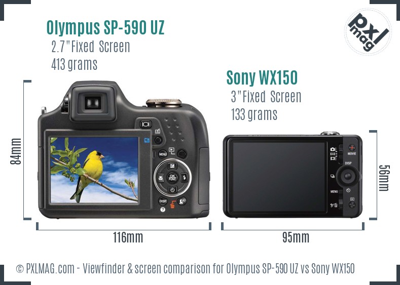 Olympus SP-590 UZ vs Sony WX150 Screen and Viewfinder comparison