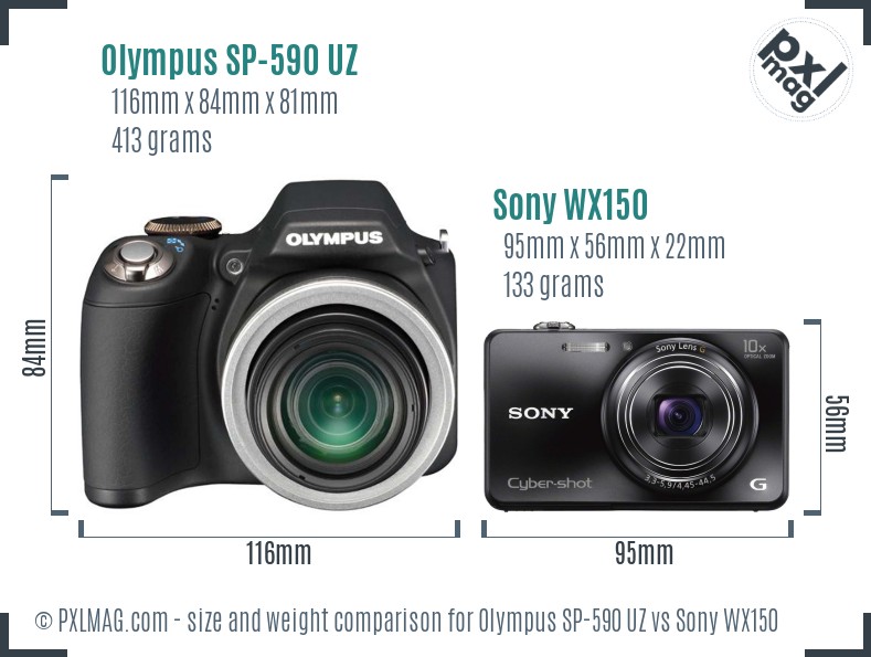 Olympus SP-590 UZ vs Sony WX150 size comparison