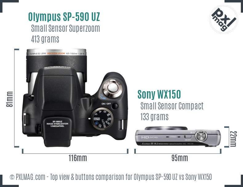 Olympus SP-590 UZ vs Sony WX150 top view buttons comparison