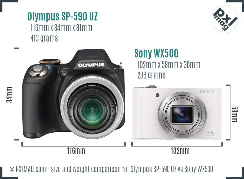 Olympus SP-590 UZ vs Sony WX500 size comparison