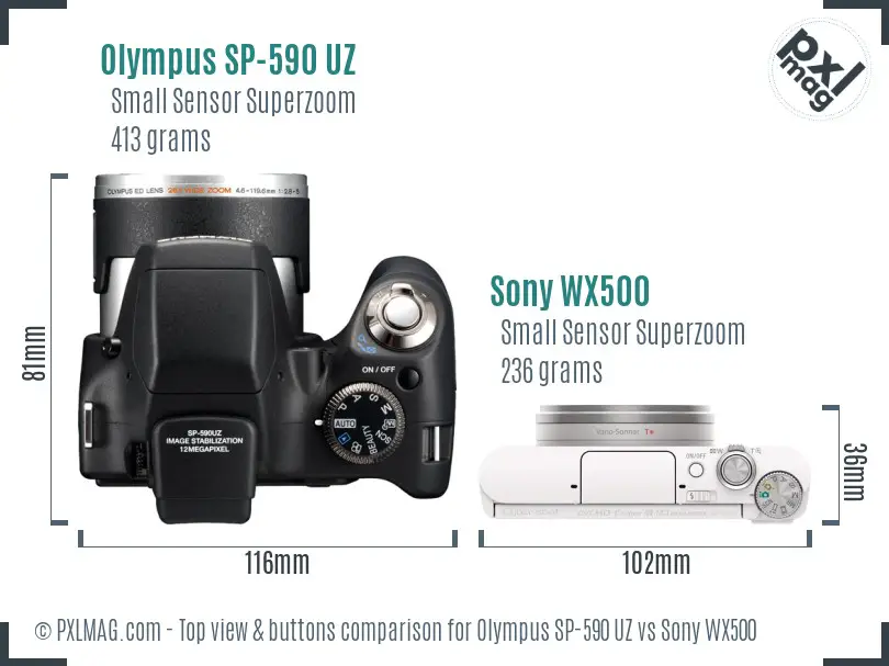 Olympus SP-590 UZ vs Sony WX500 top view buttons comparison