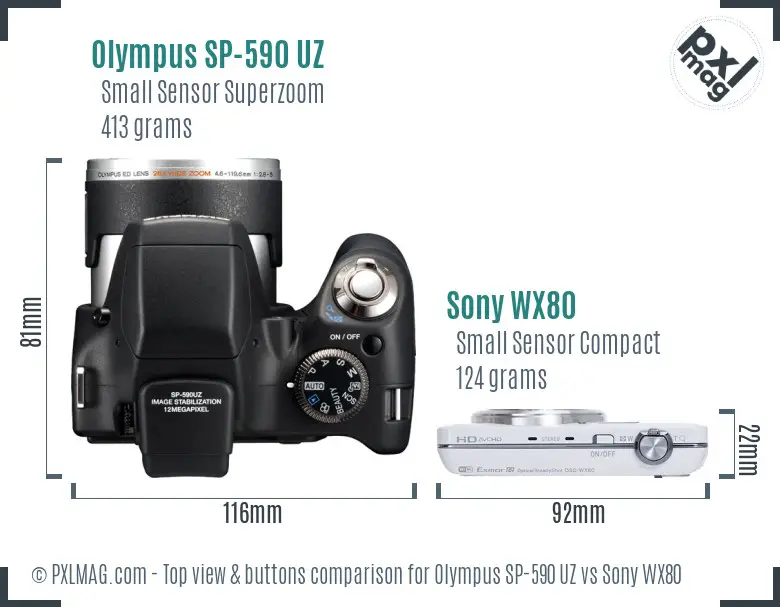 Olympus SP-590 UZ vs Sony WX80 top view buttons comparison Olympus SP-590 UZ vs Sony WX80 top view buttons comparison