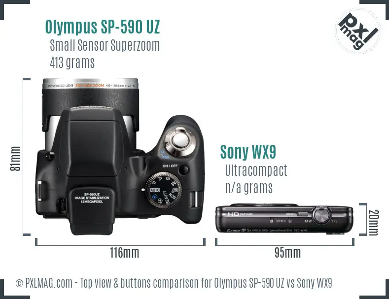 Olympus SP-590 UZ vs Sony WX9 top view buttons comparison