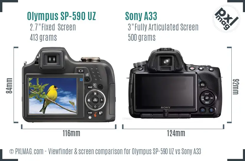 Olympus SP-590 UZ vs Sony A33 Screen and Viewfinder comparison
