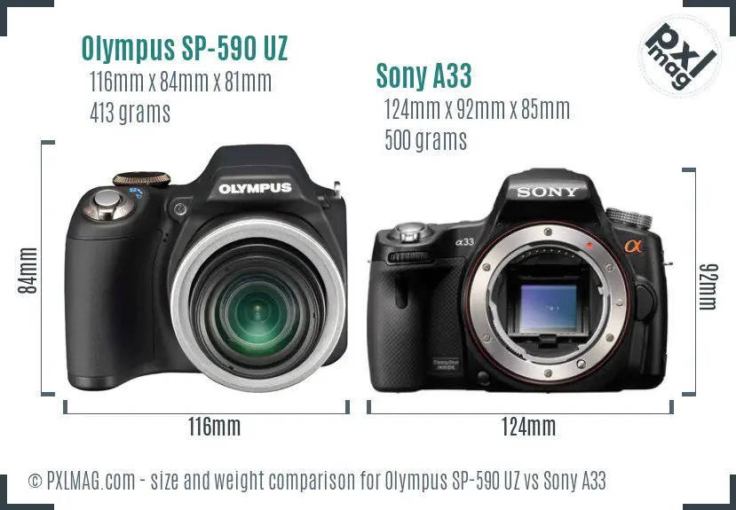 Olympus SP-590 UZ vs Sony A33 size comparison