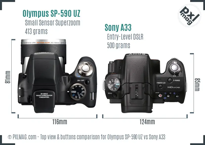 Olympus SP-590 UZ vs Sony A33 top view buttons comparison