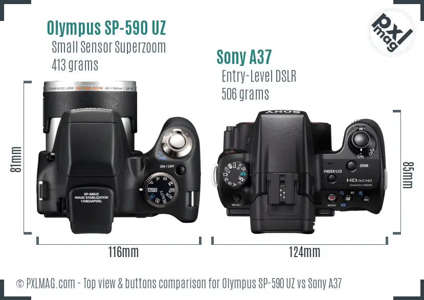 Olympus SP-590 UZ vs Sony A37 top view buttons comparison