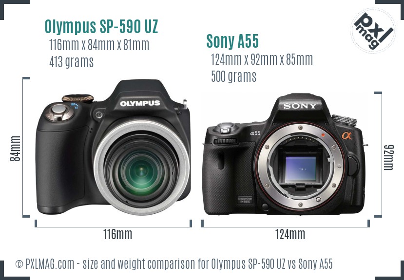 Olympus SP-590 UZ vs Sony A55 size comparison