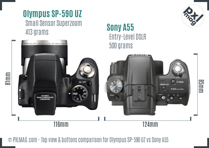 Olympus SP-590 UZ vs Sony A55 top view buttons comparison