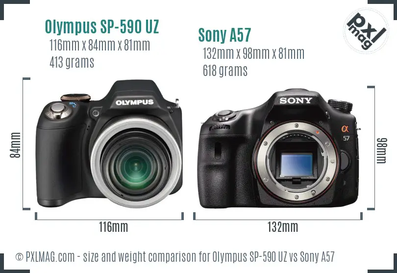 Olympus SP-590 UZ vs Sony A57 size comparison