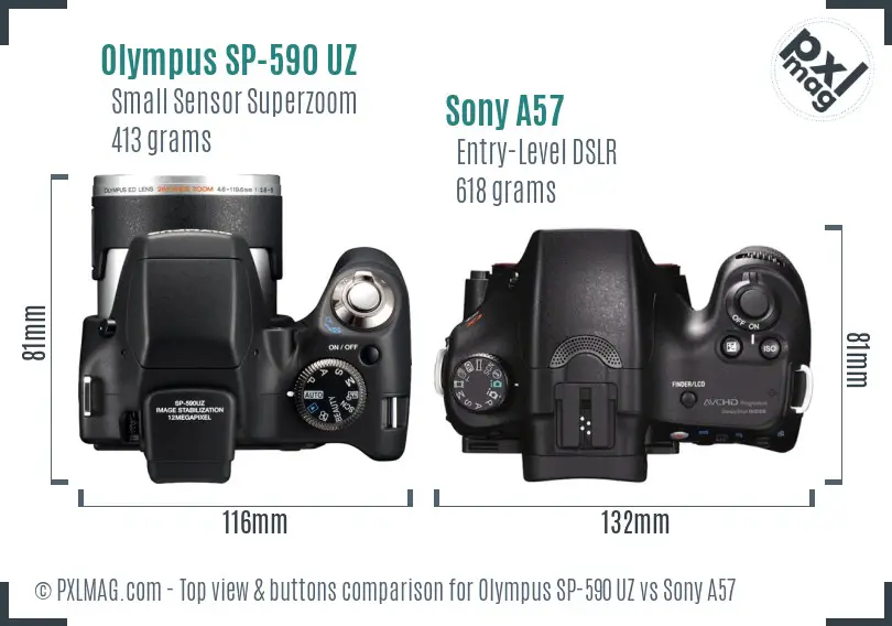 Olympus SP-590 UZ vs Sony A57 top view buttons comparison