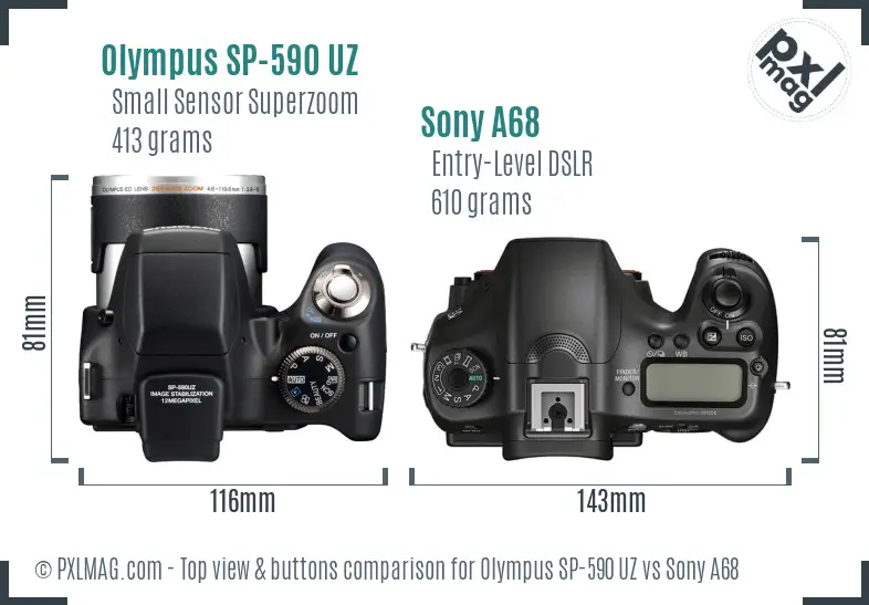 Olympus SP-590 UZ vs Sony A68 top view buttons comparison Olympus SP-590 UZ vs Sony A68 top view buttons comparison