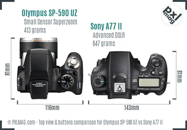 Olympus SP-590 UZ vs Sony A77 II top view buttons comparison