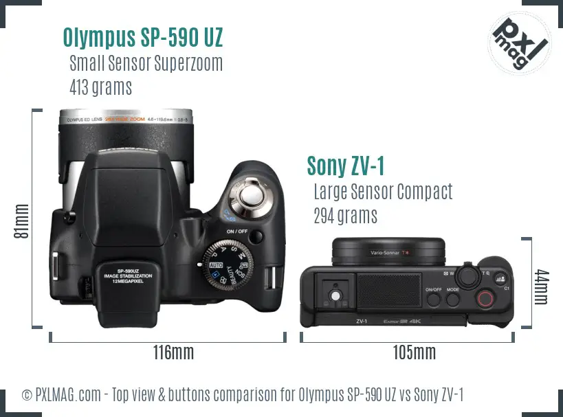 Olympus SP-590 UZ vs Sony ZV-1 top view buttons comparison Olympus SP-590 UZ vs Sony ZV-1 top view buttons comparison