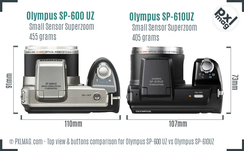 Olympus SP-600 UZ vs Olympus SP-610UZ top view buttons comparison