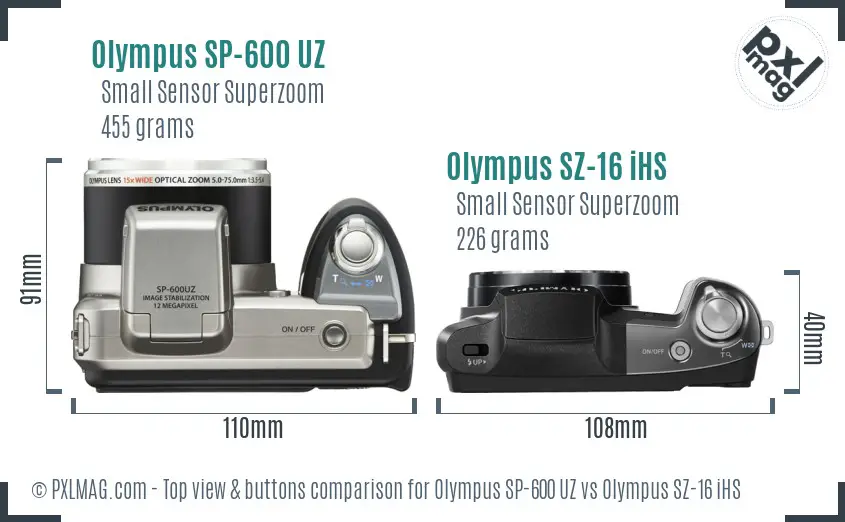 Olympus SP-600 UZ vs Olympus SZ-16 iHS top view buttons comparison