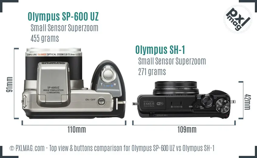 Olympus SP-600 UZ vs Olympus SH-1 top view buttons comparison