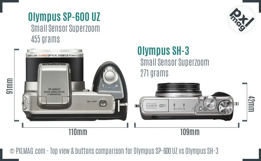 Olympus SP-600 UZ vs Olympus SH-3 top view buttons comparison