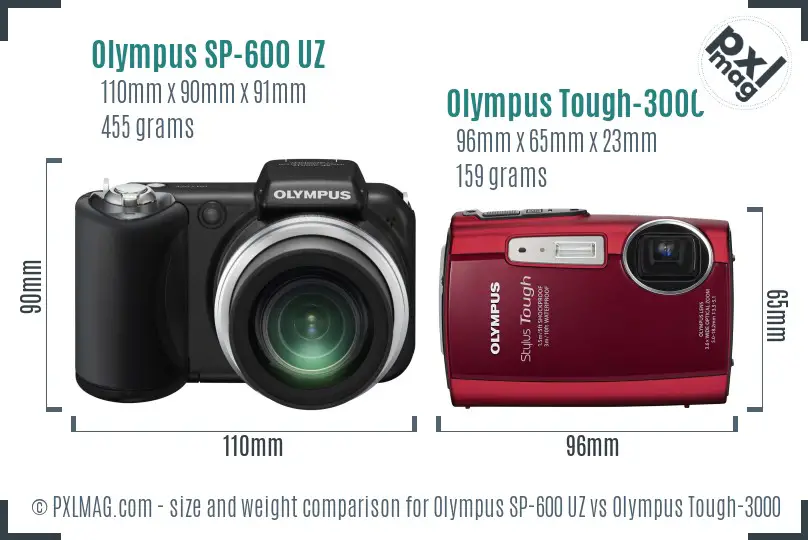 Olympus SP-600 UZ vs Olympus Tough-3000 size comparison