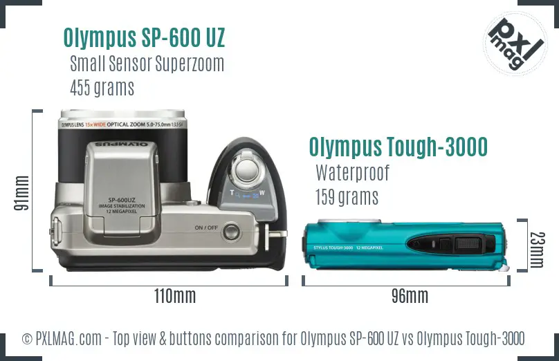 Olympus SP-600 UZ vs Olympus Tough-3000 top view buttons comparison