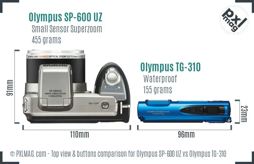 Olympus SP-600 UZ vs Olympus TG-310 top view buttons comparison