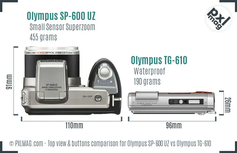 Olympus SP-600 UZ vs Olympus TG-610 top view buttons comparison