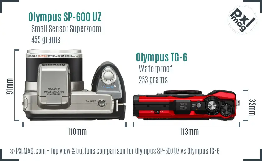 Olympus SP-600 UZ vs Olympus TG-6 top view buttons comparison