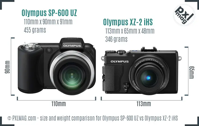 Olympus SP-600 UZ vs Olympus XZ-2 iHS size comparison