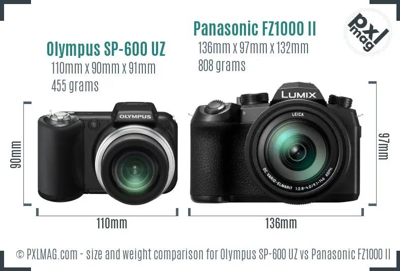 Olympus SP-600 UZ vs Panasonic FZ1000 II size comparison