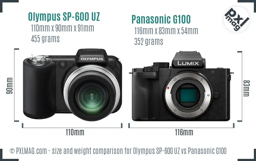 Olympus SP-600 UZ vs Panasonic G100 size comparison