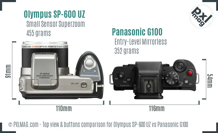 Olympus SP-600 UZ vs Panasonic G100 top view buttons comparison
