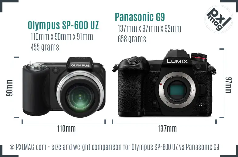 Olympus SP-600 UZ vs Panasonic G9 size comparison