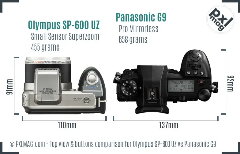 Olympus SP-600 UZ vs Panasonic G9 top view buttons comparison