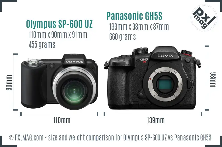 Olympus SP-600 UZ vs Panasonic GH5S size comparison